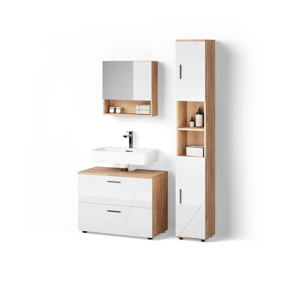 BADMÖBEL-SET Ronco Weiß Hochglanz/Goldkraft Eiche 3 Teile, mit Schubladenschrank und Hochschrank - Honigeiche/Weiß Hochglanz, Holzwerkstoff (54/58/41cm) - Livinity®