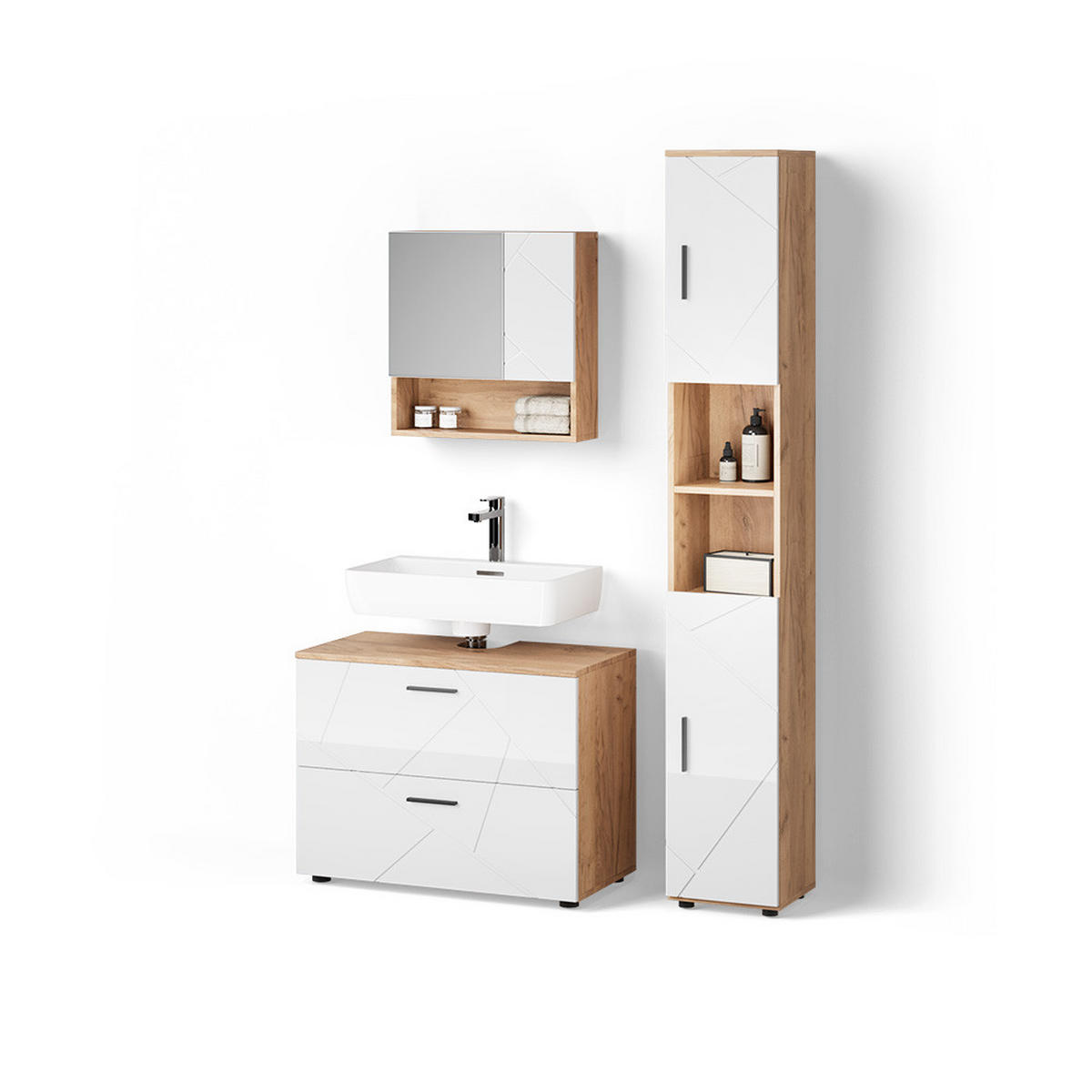 BADMÖBEL-SET Ronco Weiß Hochglanz/Goldkraft Eiche 3 Teile, mit Schubladenschrank und Hochschrank - Honigeiche/Weiß Hochglanz, Holzwerkstoff (54/58/41cm) - Livinity®
