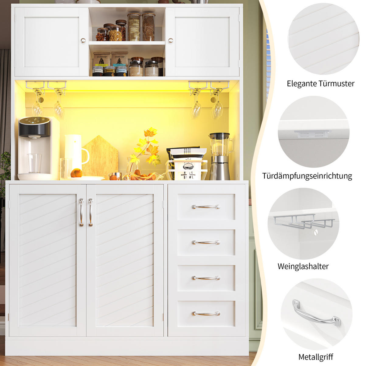 BUFFET 120/40/188 cm aus MDF mit LED-Beleuchtung Weiß - Weiß, Holzwerkstoff (120/188/40cm) - Modenvie