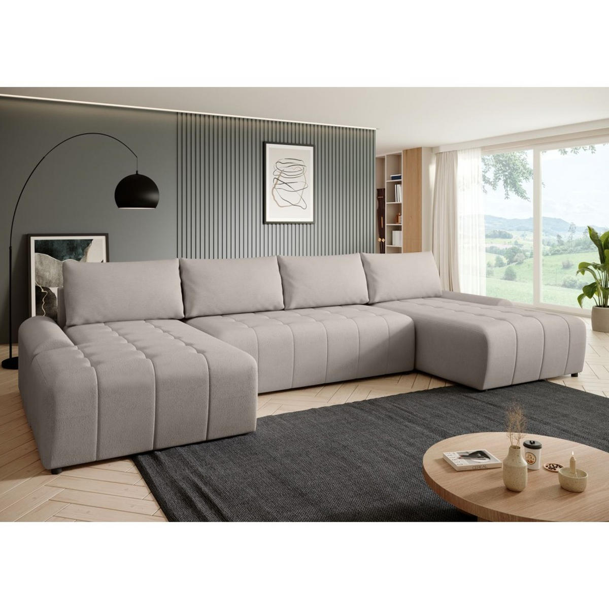 WOHNLANDSCHAFT Costa U Hellbraun, Velours - Hellbraun/Schwarz, Kunststoff/Textil (367/80/169cm) - Beautysofa