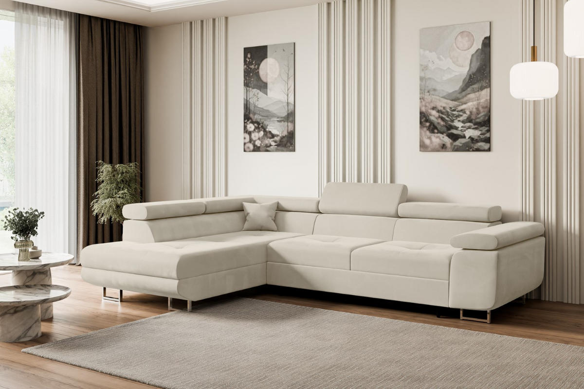 ECKSOFA mit Schlaffunktion und Bettkasten GUSA-L 272x202x107 cm Beige Velours - Beige/Silberfarben, Holzwerkstoff/Textil (202/272cm) - ALTDECOR