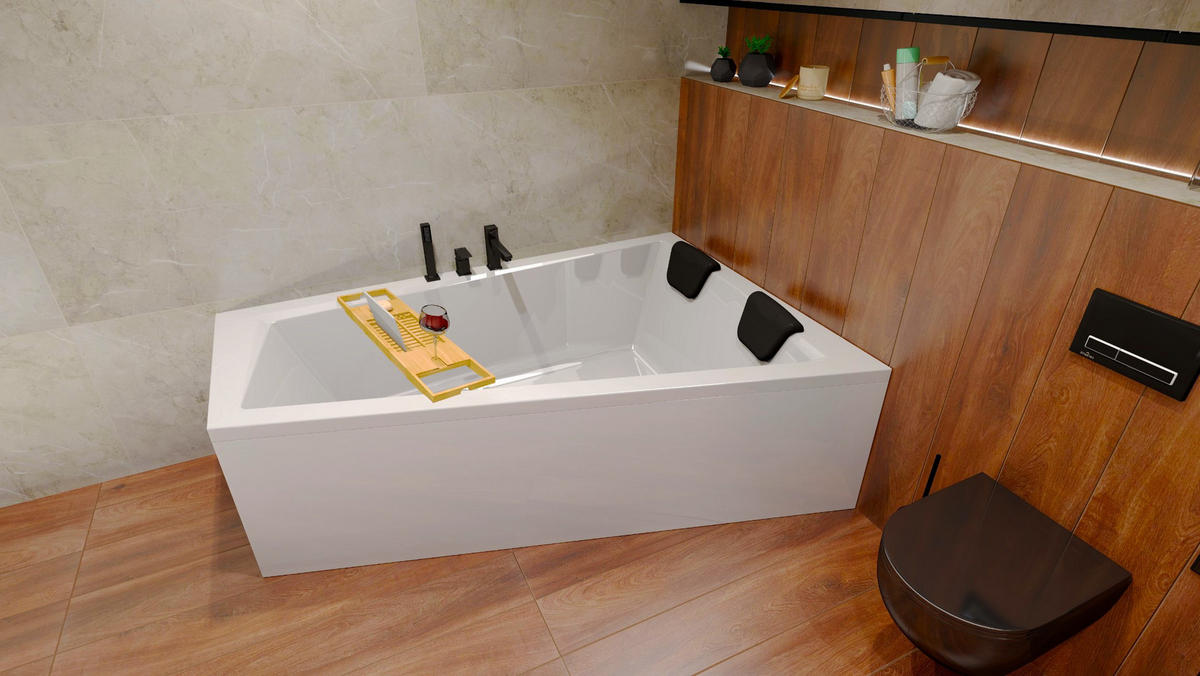 BADEWANNE Eckwanne INTIMA 160/90 Rechts + Schürze + Ablage + Kopfstütze Ablauf Füße - Weiß, Kunststoff (90/55.5/160cm) - bad land