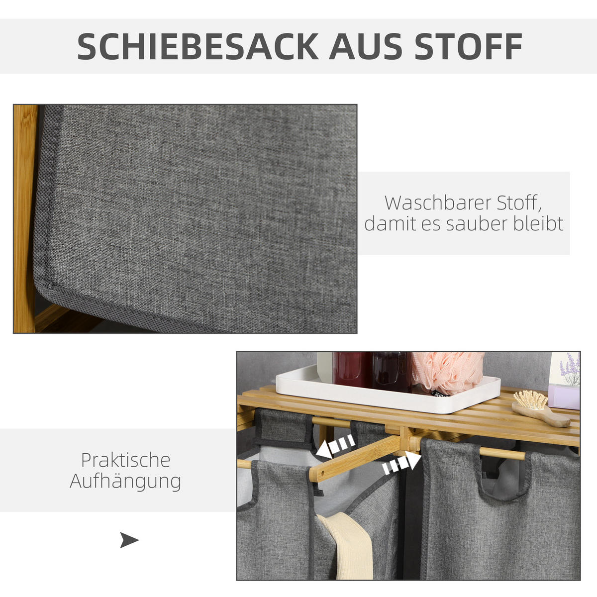 WÄSCHEKORB Bambus Polyester Grau - Grau, Naturmaterialien (33/73/63.5cm) - HOMCOM