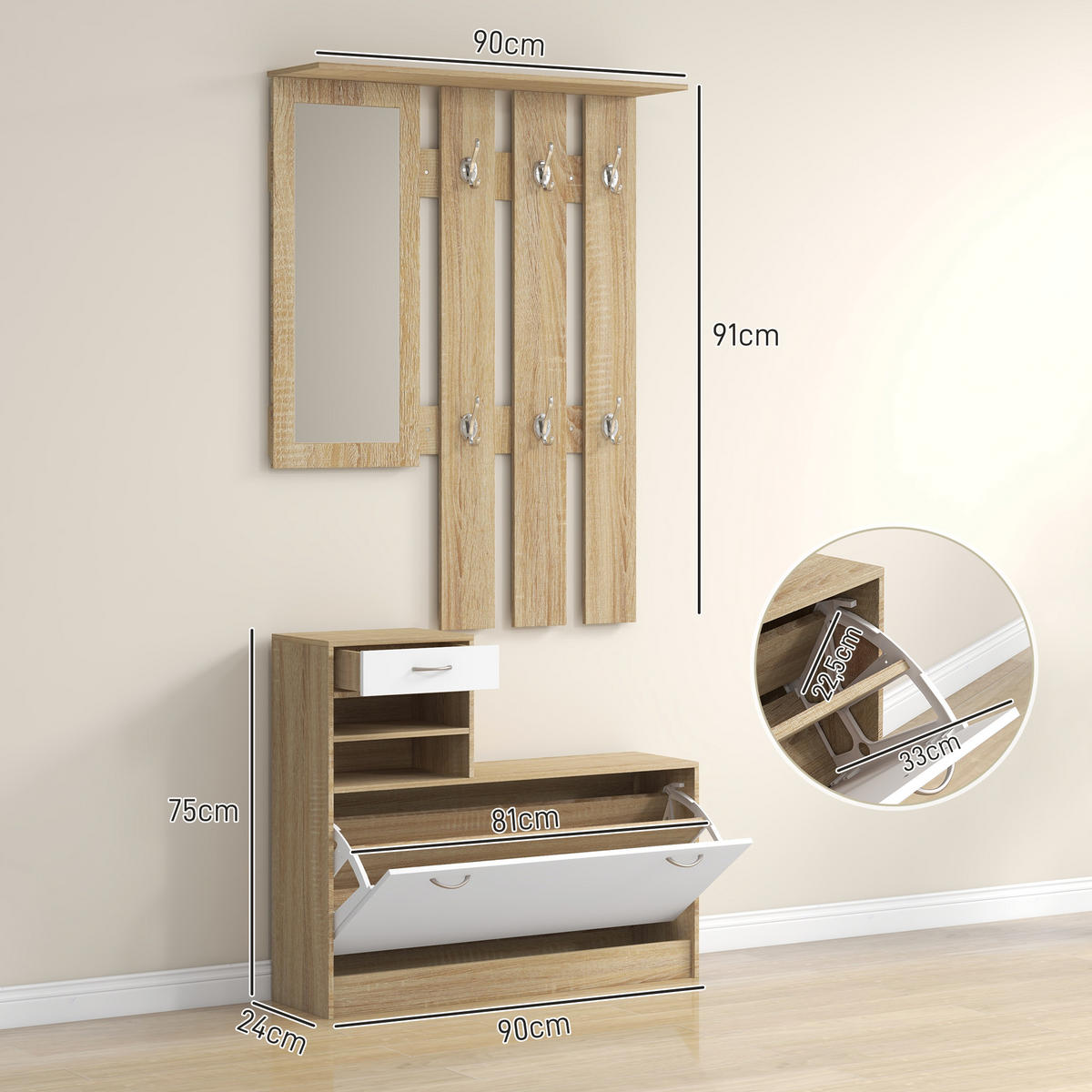 GARDEROBENSET Weiß 3-teilig mit Spiegel und Schuhschrank - Weiß, Holzwerkstoff (90/91/10cm) - PANGIVO