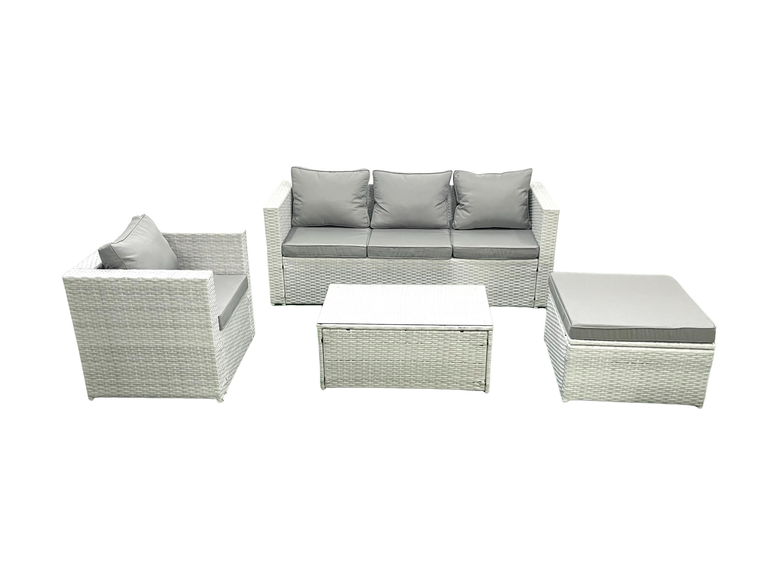 GARTENMÖBELSET mit 3-SITZER SOFA,COUCHTISCH Polyrattan Hellgrau-Mix 5-Sitzer - Hellgrau/Grau, Glas/Kunststoff - Fimous