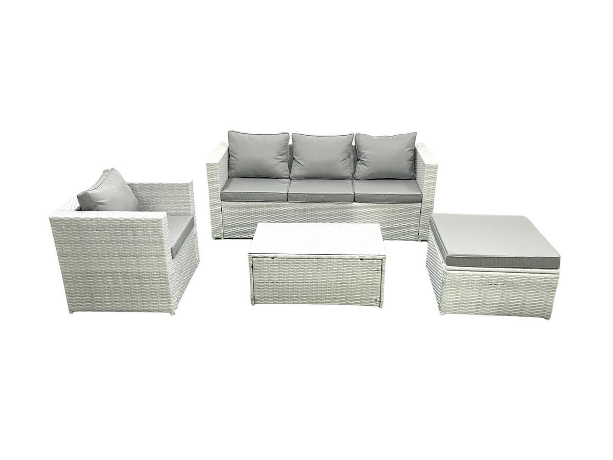 GARTENMÖBELSET mit 3-SITZER SOFA,COUCHTISCH Polyrattan Hellgrau-Mix 5-Sitzer - Hellgrau/Grau, Glas/Kunststoff - Fimous