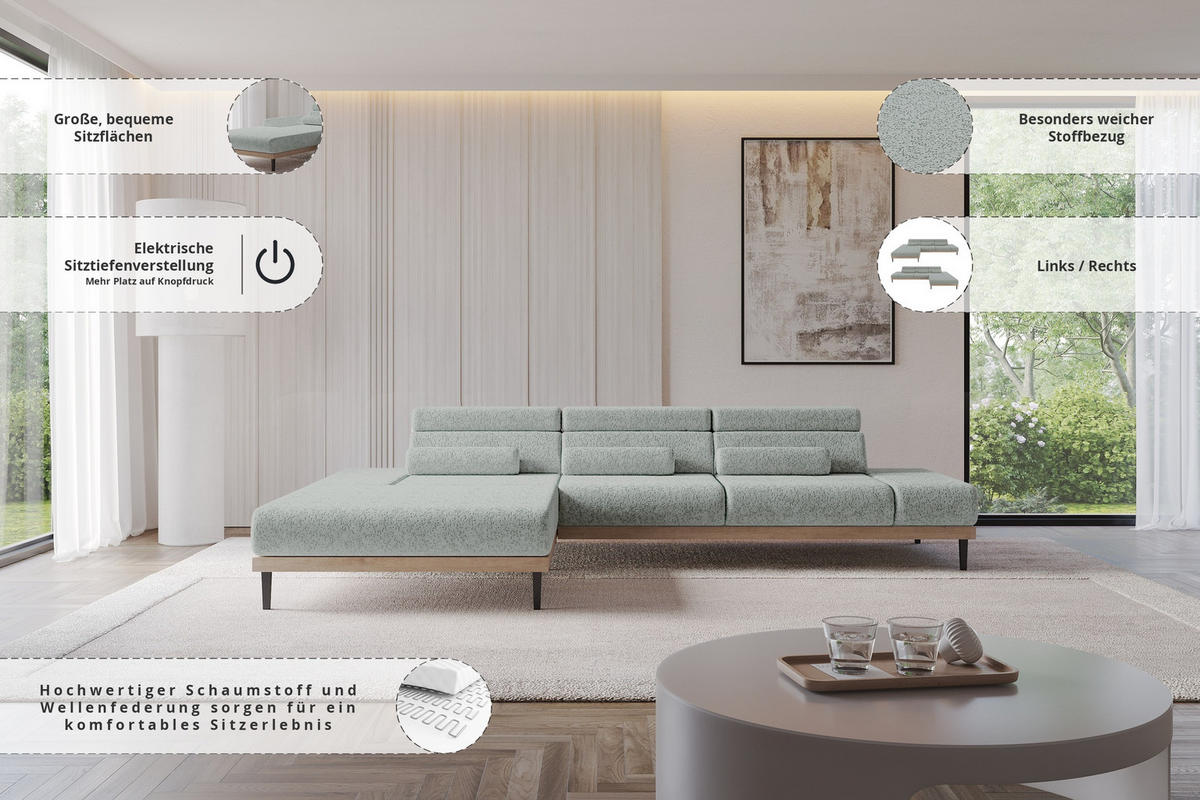 ELEKTRISCHES ECKSOFA Links MONA 316x205x85 Grün Velours - Mintgrün, Holzwerkstoff/Textil (316/205cm) - ALTDECOR