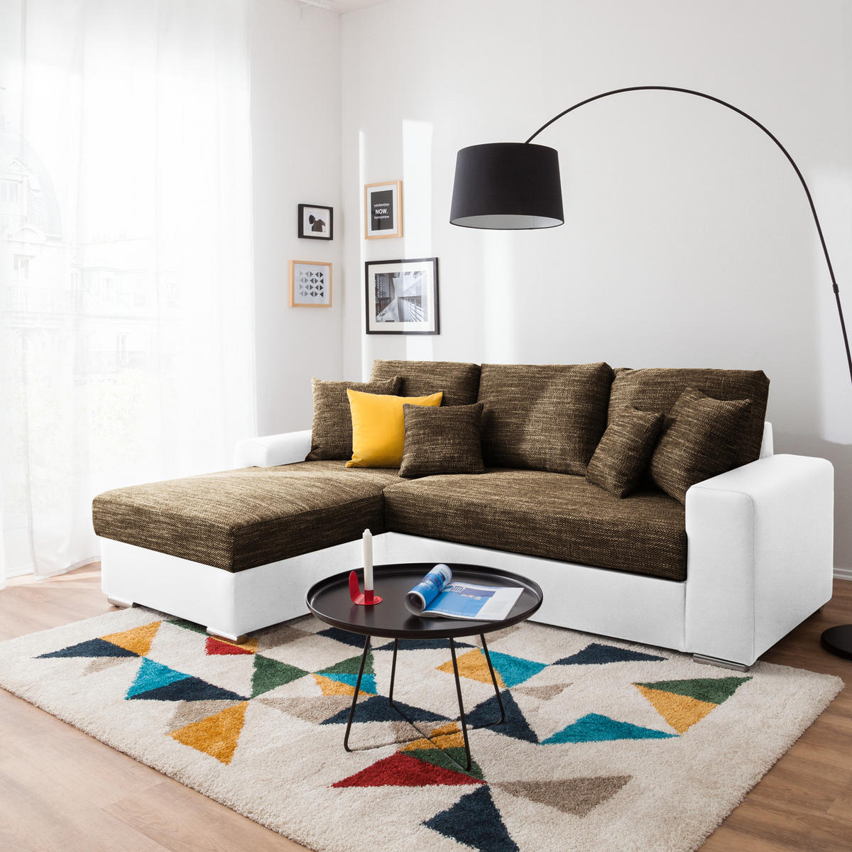 ECKSOFA mit Schlaffunktion - Kunstleder / Strukturstoff, beidseitig montierbar - Weiß/Braun, Kunststoff (240/166cm) - home24