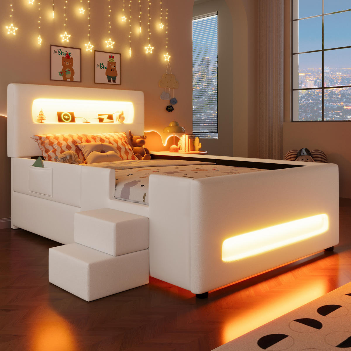 POLSTERBETT 90/200 cm weiß aus MDF und PU mit LED und Schublade - Weiß, Holzwerkstoff (90/200cm) - OKWISH
