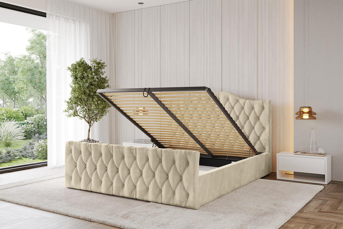 POLSTERBETT mit Bettkasten, Fußteil und Lattenrost, Boxbett mit Matratze H3/H4 - FALIO-Z 180x200 Beige - Ecru, Holzwerkstoff/Textil (180/200cm) - ALTDECOR
