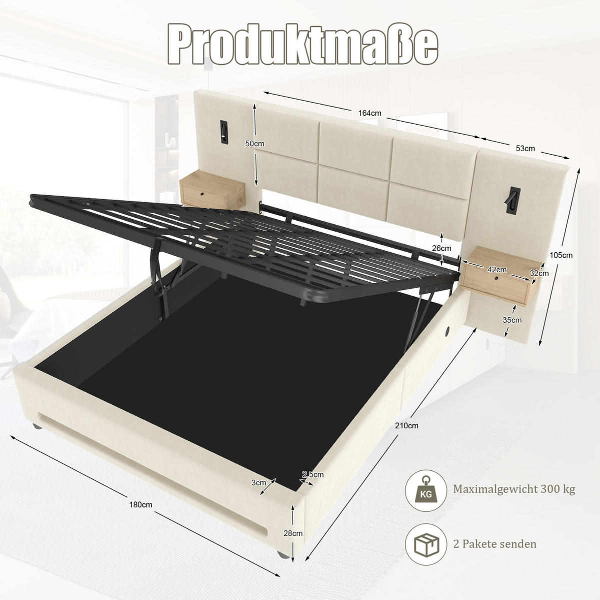 BETT mit Stauraum 180x200 cm Velours Beige - Beige, Metall (180/200cm) - Meubliv
