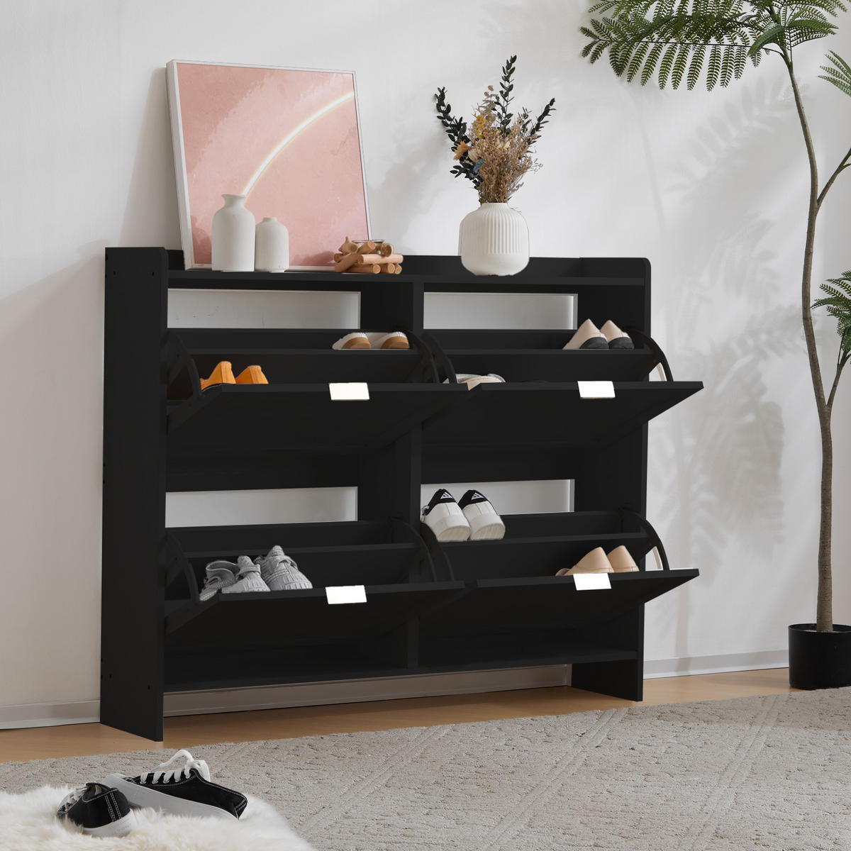 SCHUHSCHRANK Schwarz 110/24/90 cm mit 4 Klappen und offenen Fächern - Schwarz, Holzwerkstoff (110/90/24cm) - PANGIVO