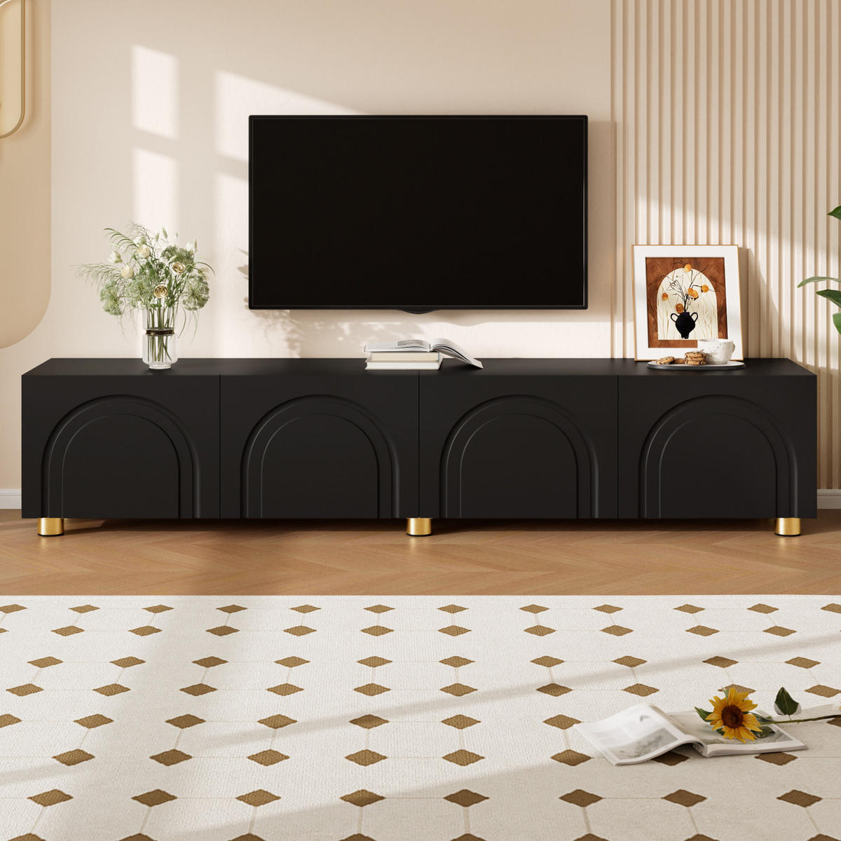 TV-LOWBOARD 180 x 35 x 40 cm, 4 Türen, Relieffront, Metallfüße, Schwarz - Schwarz, Holzwerkstoff (180/40/35cm)