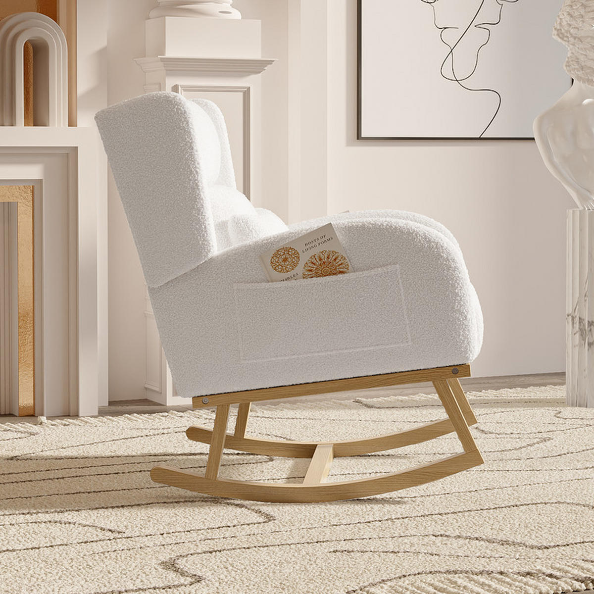 SCHAUKELSTUHL, Sessel mit Massivholzfüßen für Wohnzimmer und Schlafzimmer - Weiß, Textil (65/89/92cm) - WoodenAura