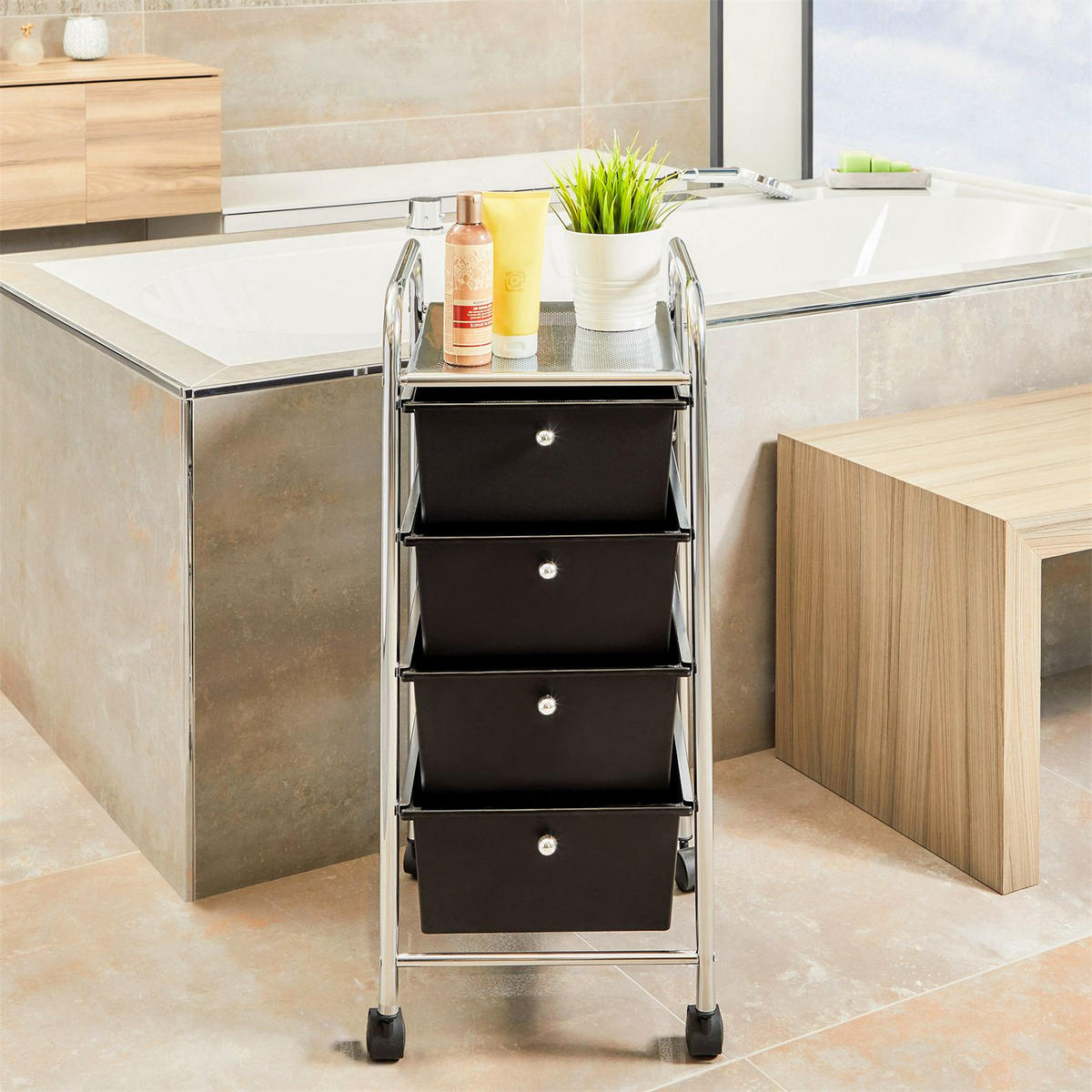 BADROLLWAGEN GINA - Schwarz, Kunststoff/Metall (33/79/39cm) - IDIMEX