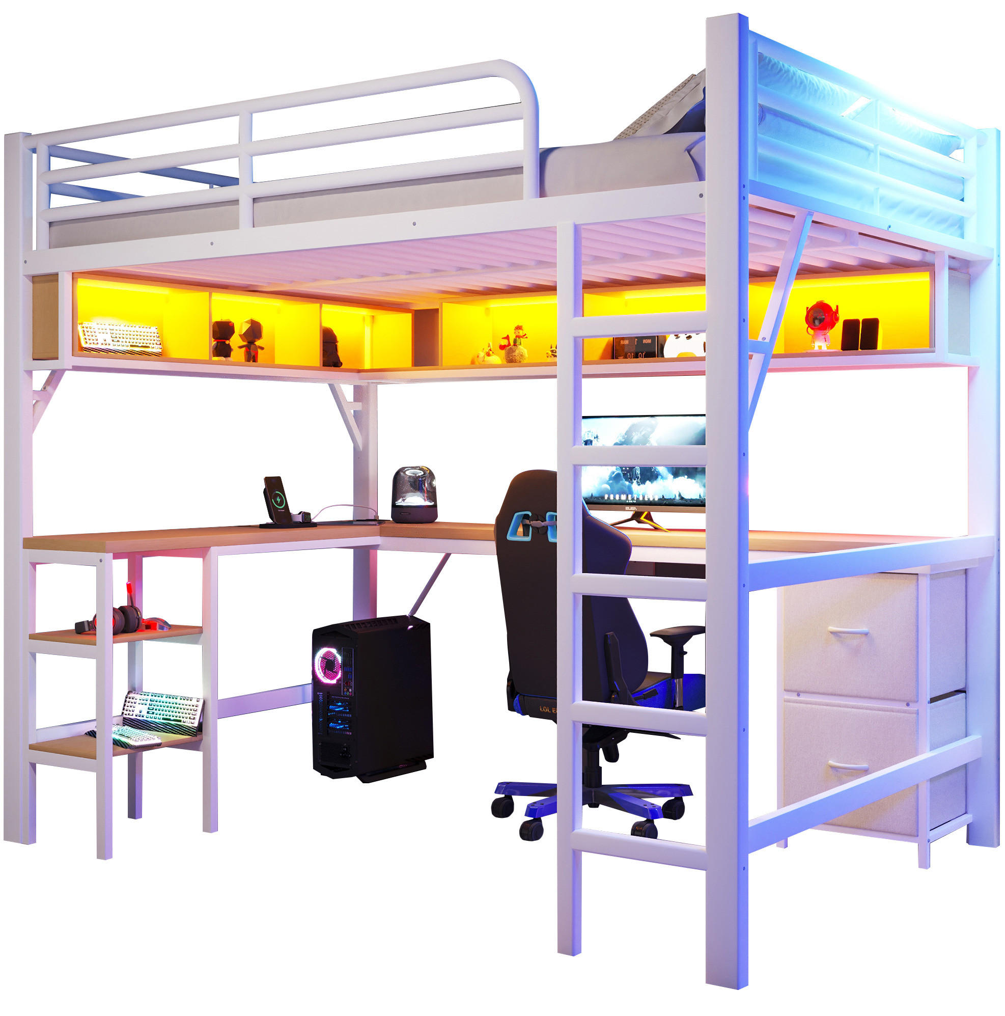 Modfu PATROVÁ postel z MDF a kovu 140x200 cm bílá s psacím stolem, policemi, skříňkou, USB a LED osvětlením