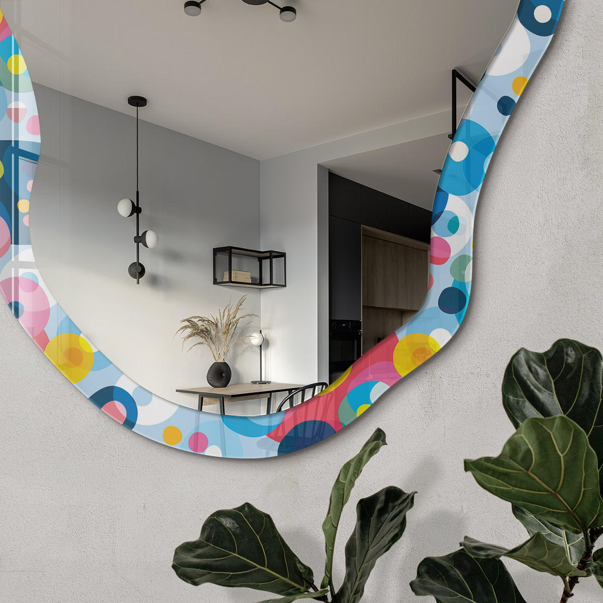 SPIEGEL 90x45 cm asymmetrisch mit Druck - Abstrakte Blasen - Transparent, Glas (45/90/0.4cm) - TULUP