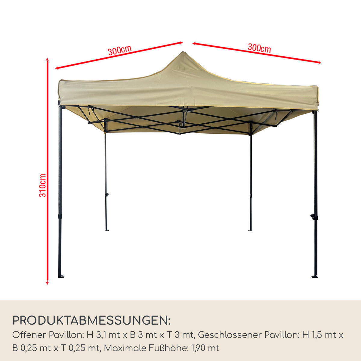 FALTPAVILLON Beige 300/300/310 cm - Beige, Metall (300/310/300cm) - Mobili Rebecca