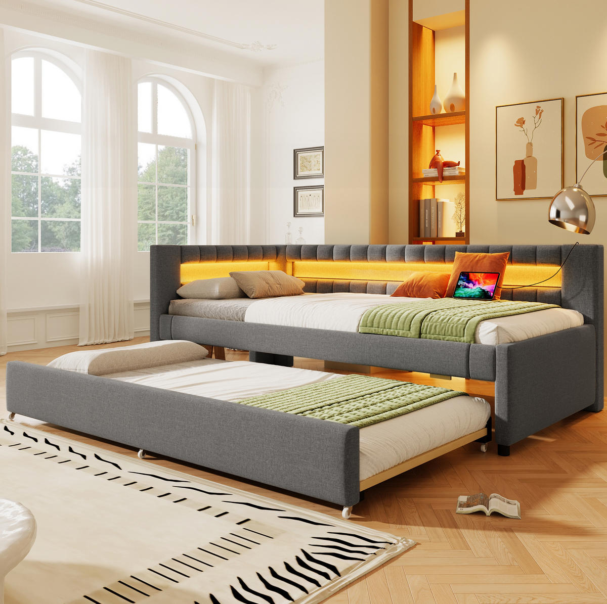 POLSTERBETT 90/200 cm Grau mit LED-Beleuchtung und USB- und Type-C-Anschlüssen aus Leinen - Grau, Textil (90/200cm) - OKWISH