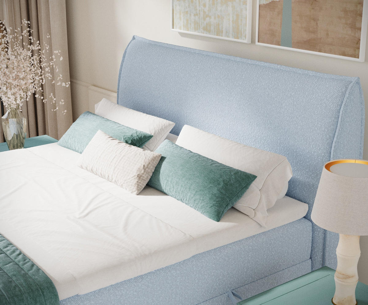 BOXBETT 200/200 cm Corvus, in Pastellblau, Matratze, Topper, Bettkasten, H4 = sehr fest - Pastellblau/Schwarz, Holz/Holzwerkstoff (200/200cm) - Maison de Reve