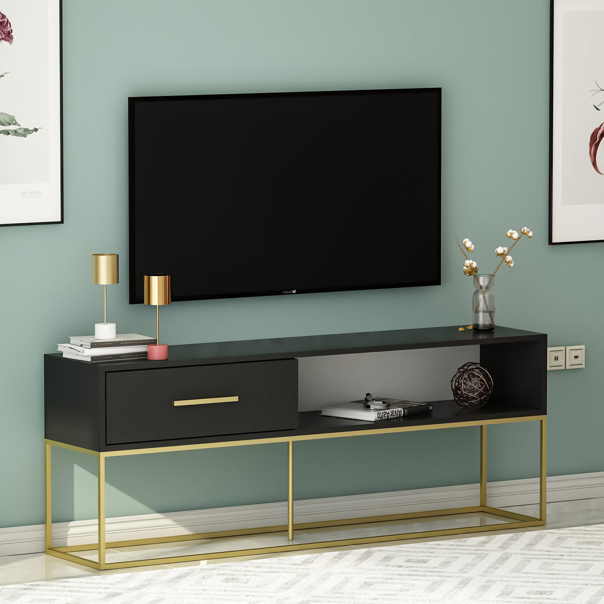 TV-LOWBOARD Mira Schwarz Gold mit Metall Füße 9635 - Goldfarben/Schwarz, Holzwerkstoff/Metall (160/60/35cm) - moebel17