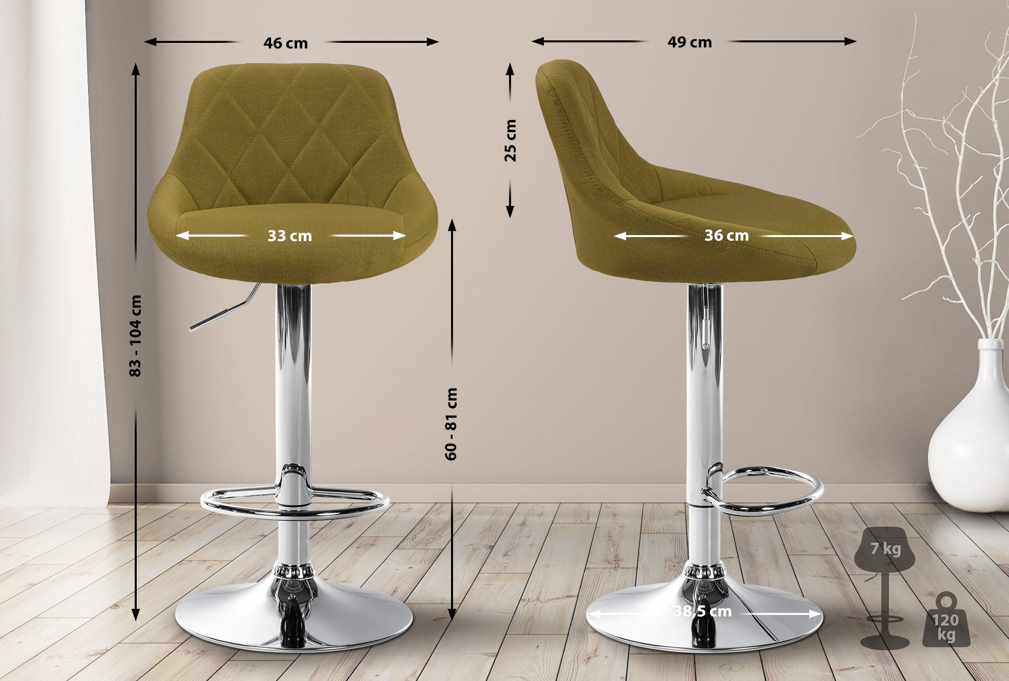 BARHOCKER Stoff grün - Chromfarben/Grün, Textil/Metall (46/83/49cm) - CLP