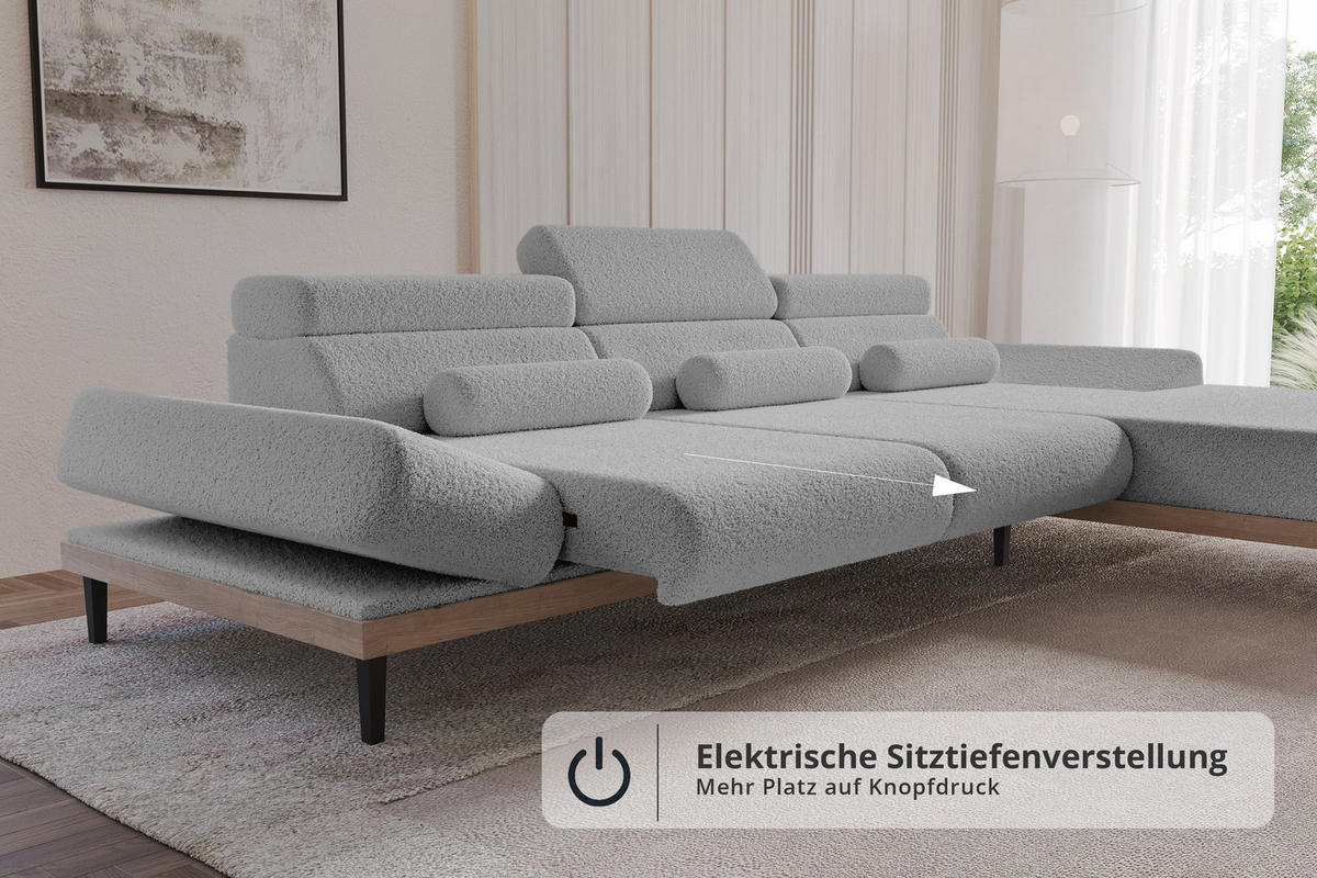 ELEKTRISCHES ECKSOFA Rechts MONA 316x205x85 Hellgrau Bouclé - Blaugrau/Hellgrau, Holzwerkstoff/Textil (316/205cm) - ALTDECOR