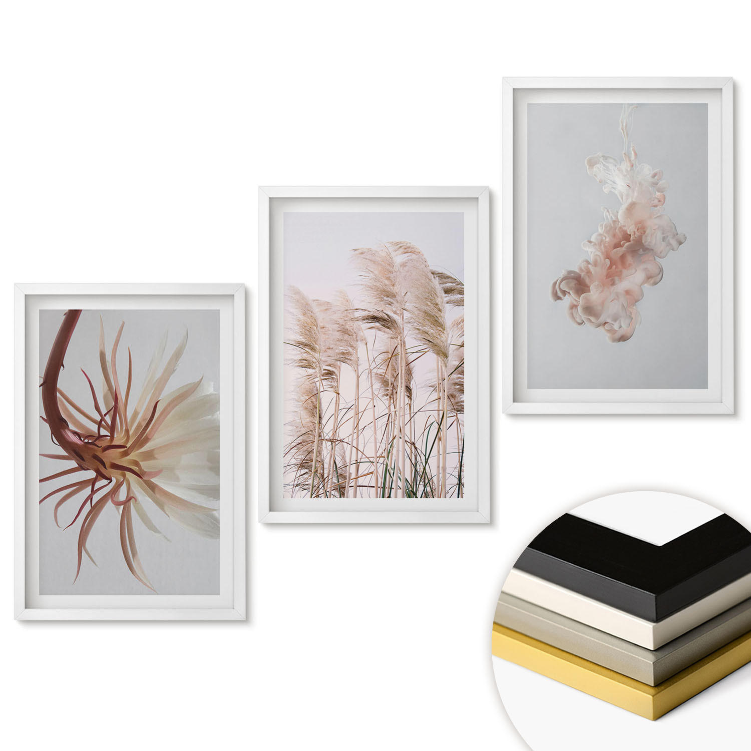 WANDBILDER 3er-Set - 40x60 cm Weißer Rahmen - Set aus Gras, Blumen und hellem Hintergrund - Weiß, Kunststoff (40/60cm) - ArtPrintCave