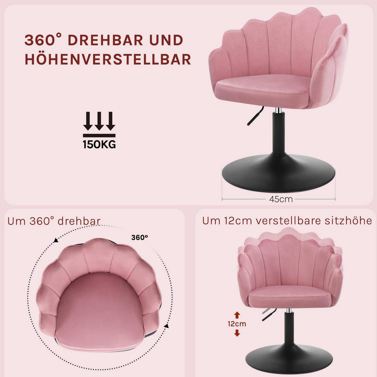 DREHSTUHL, Blumenform, Smt, Schminkstuhl, Rosa - Schwarz/Rosa, Textil/Metall (55/67/50cm) - Woltu