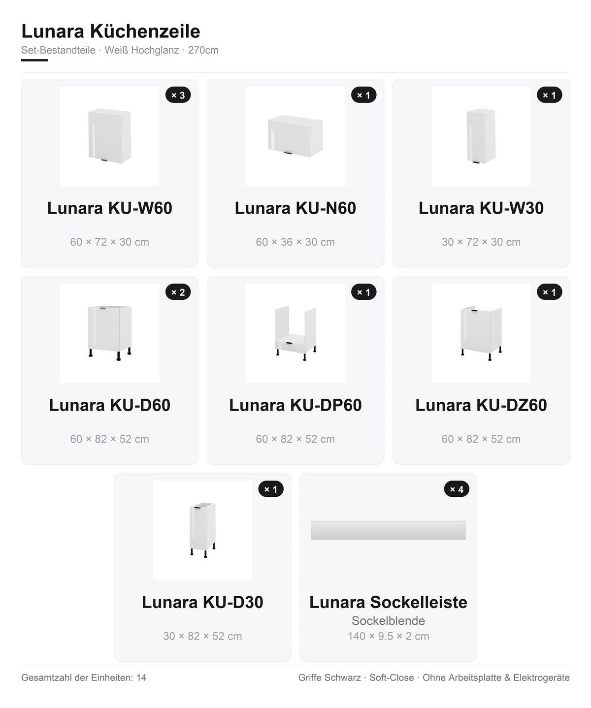 KÜCHENZEILE – 270 cm – KU-SA14 – Lunara – Weiß Hochglanz – ohne E-Geräte - Weiß Hochglanz/Schwarz, Holzwerkstoff/Metall (270/214/52cm) - hi-markt