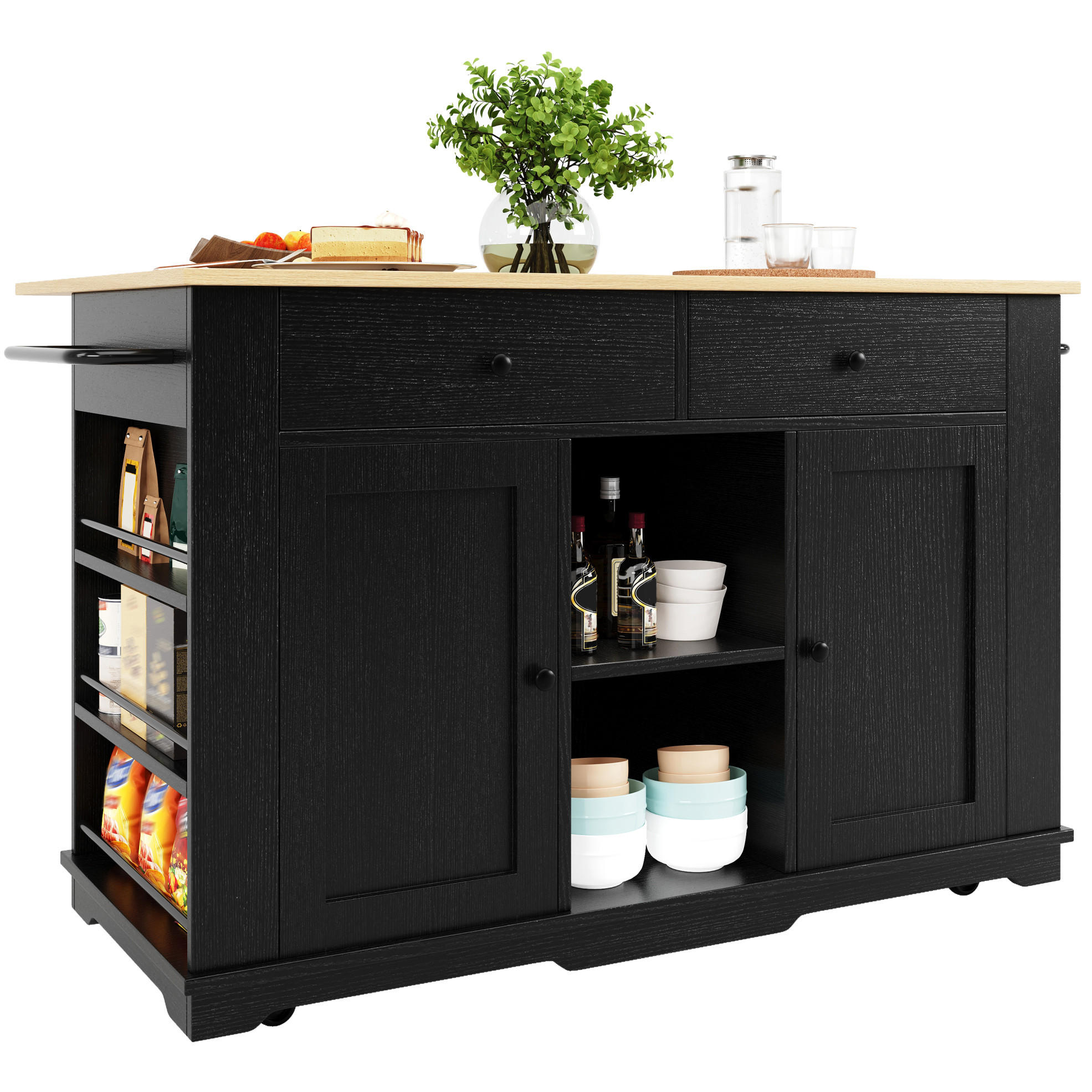 KÜCHENINSEL 151,5/91,7/59,7 cm Schwarz/Natur aus MDF und Metall mit klappbarer Tischplatte und Steckdose - Schwarz, Holzwerkstoff (59.7/91.7/151.5cm) - OKMYHOME