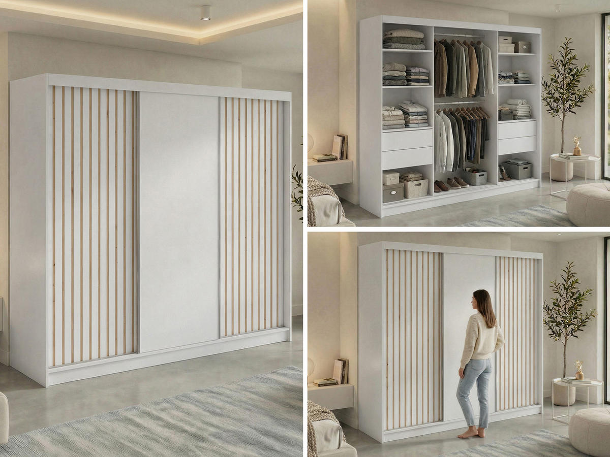 SCHWEBETÜRENSCHRANK mit Lamellen und Schubladen LUMOS - 240 - Weiß und Eiche Artisan - Alufarben/Weiß, Holzwerkstoff/Metall (240/216/61cm) - MKS
