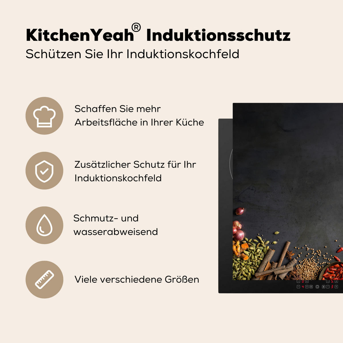 HERDABDECKPLATTE Kräuter - Lebensmittel - Gewürze - Schwarz - Paprika - Zimt Induktionsmatte 78x78 cm - Currygelb, Kunststoff (78/78/0.2cm) - MuchoWow