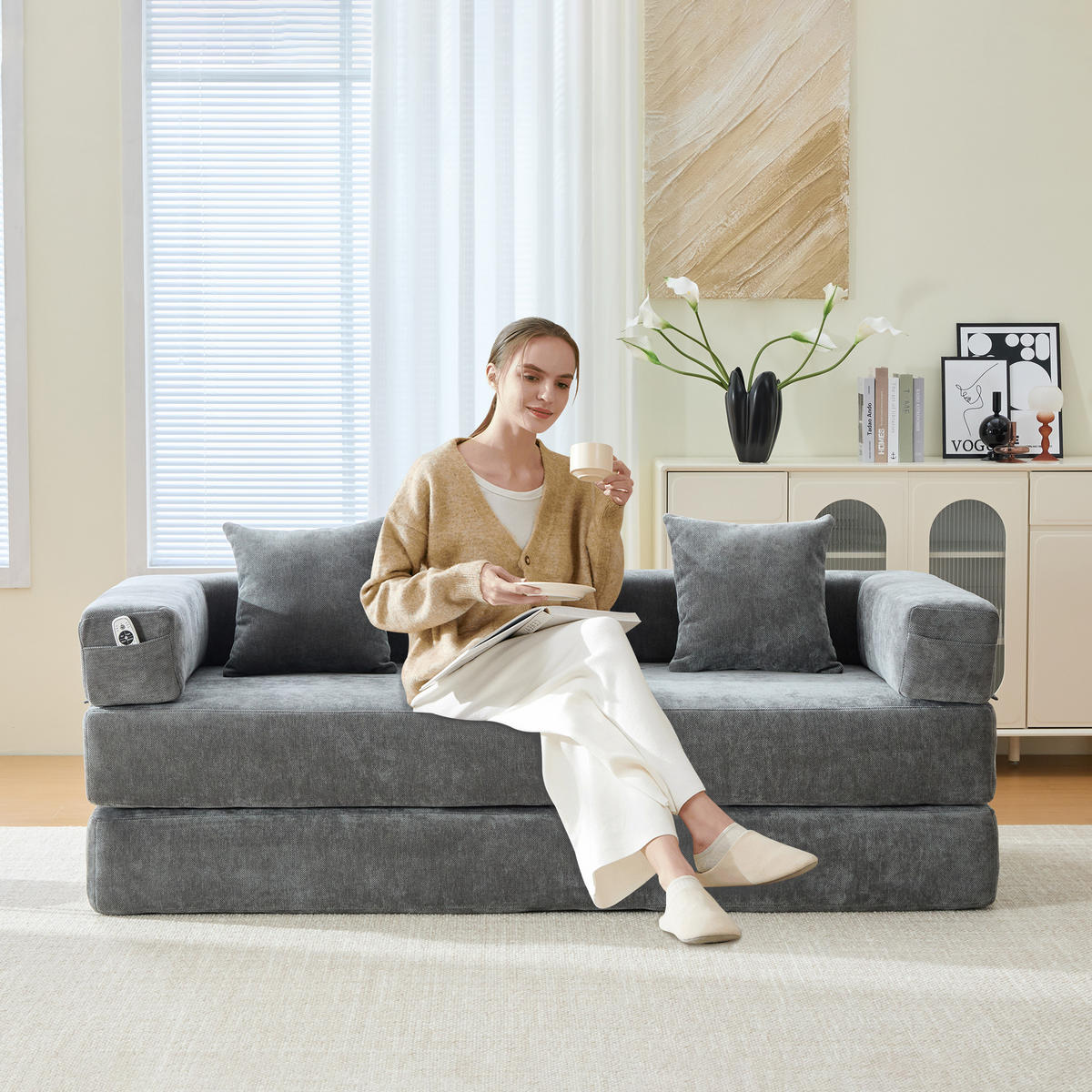 3-SITZER SOFA Chenille Dunkelgrau mit Seitentaschen und Anti-Rutsch-Unterseite - Dunkelgrau, Holzwerkstoff/Textil (198/60/79cm) - WISHDOR