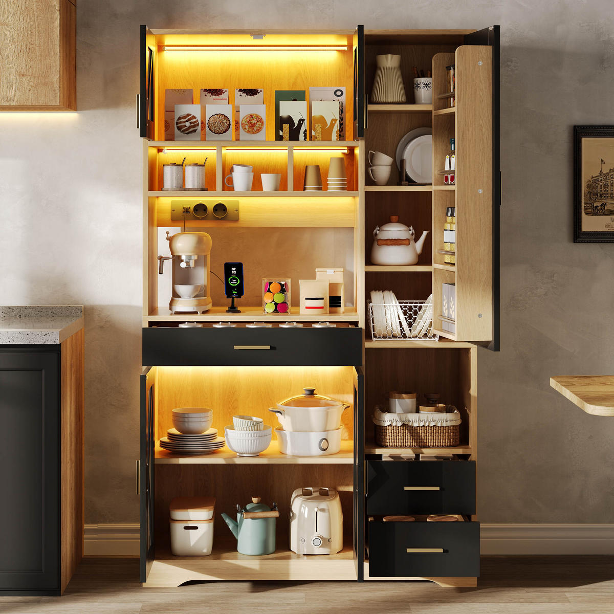 BUFFET 105/39/185 cm Schwarz mit farbwechselnder LED-Beleuchtung und 2 Schublade - Naturfarben, Holz (105/185/40cm) - Oxeza