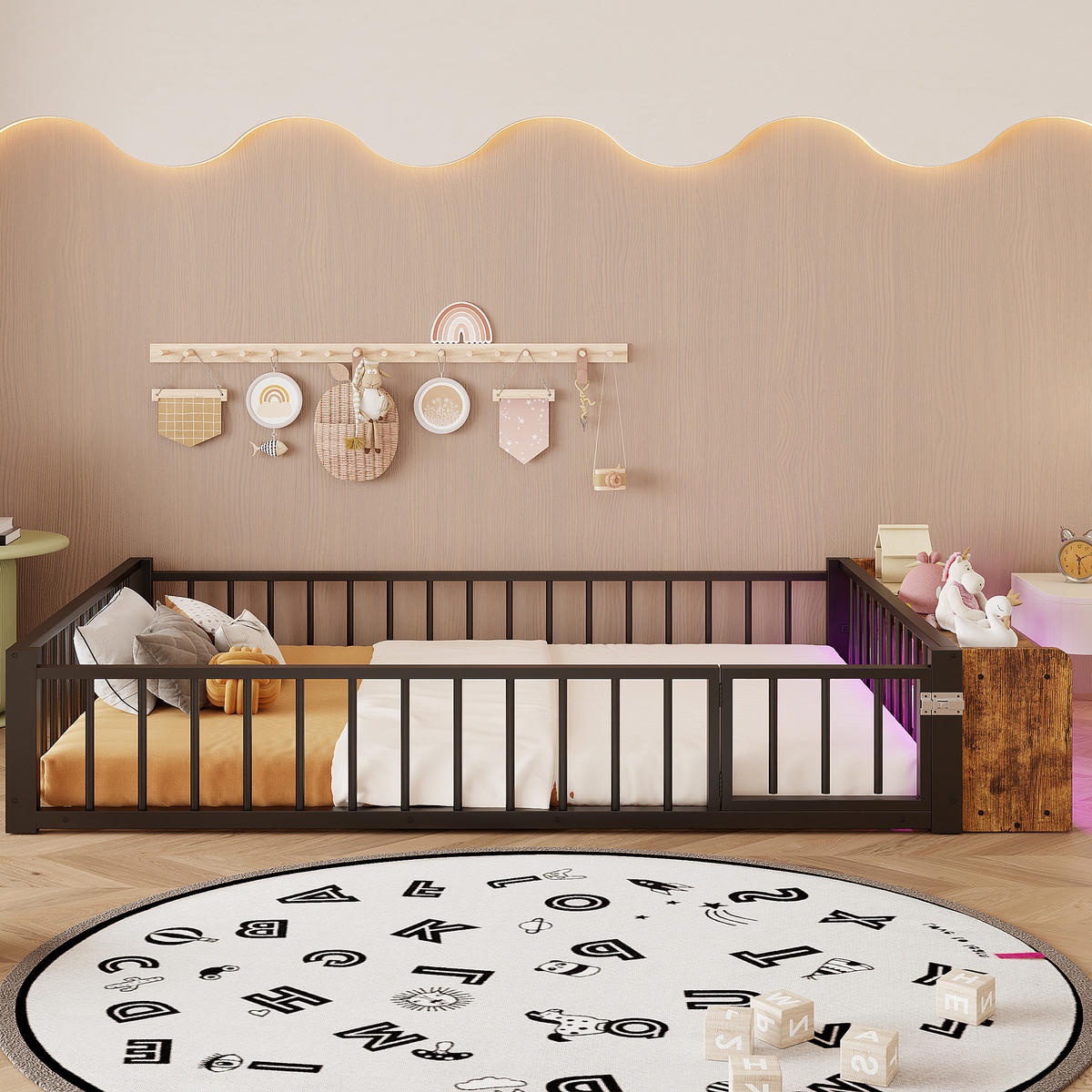 KINDERBETT 140/200 cm aus Metall in Schwarz mit LED-Beleuchtung und Stauraum - Schwarz, Holzwerkstoff (140/200cm) - Flora Grace