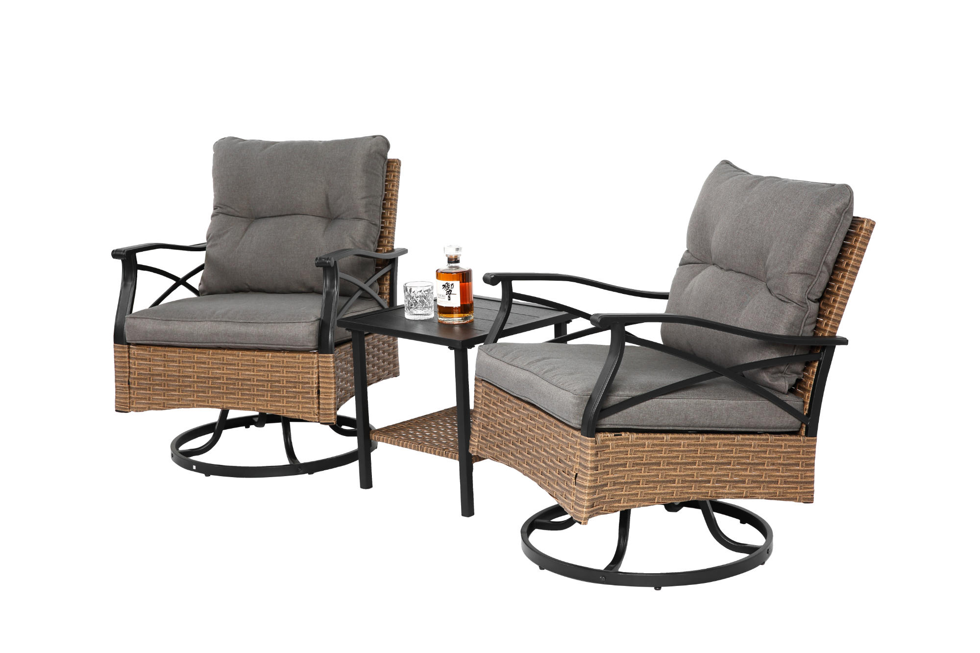 GARTENMÖBEL-SET 64/58/82 cm braun-grau aus Stahl und PE-Rattan dreh- und schaukelbar - Grau, Metall - OKWISH