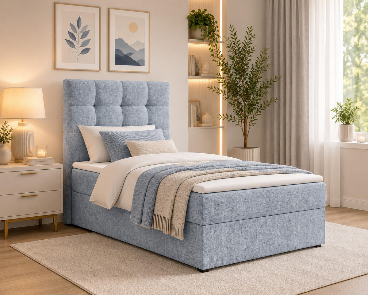 BOXBETT - Bett 05 OSLO - Aragon - 90x200 cm - mit Bettkasten und Komfort-Topper - Blau, Holz (90/200cm) - ROYAL24_MARKT
