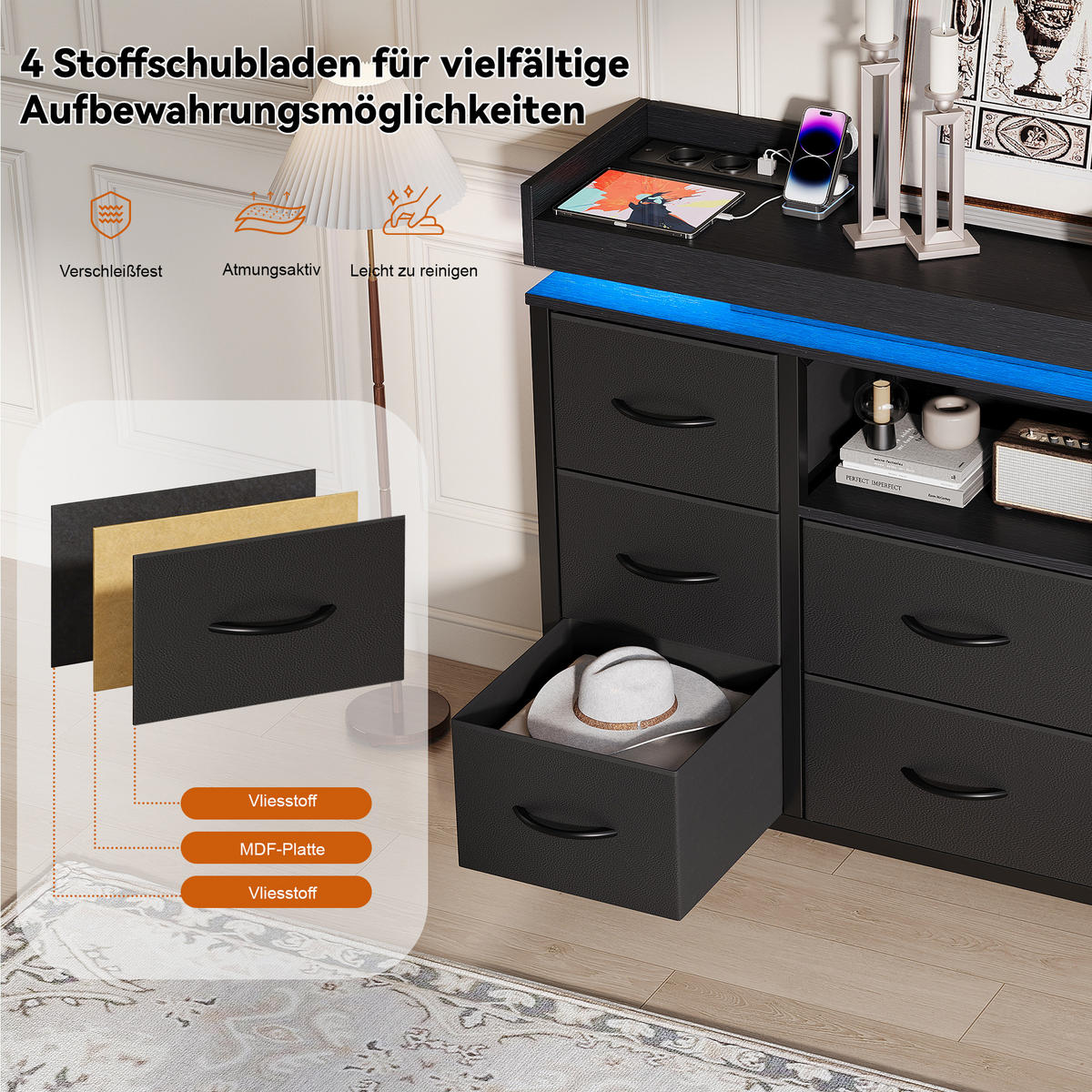 KOMMODE 8 Stoffschubladen, LED, Steckdose, stabil, Stahlrahmen, Anti-Kipp, schwarz - Schwarz, Textil (108/82/30cm) - EuroLiving