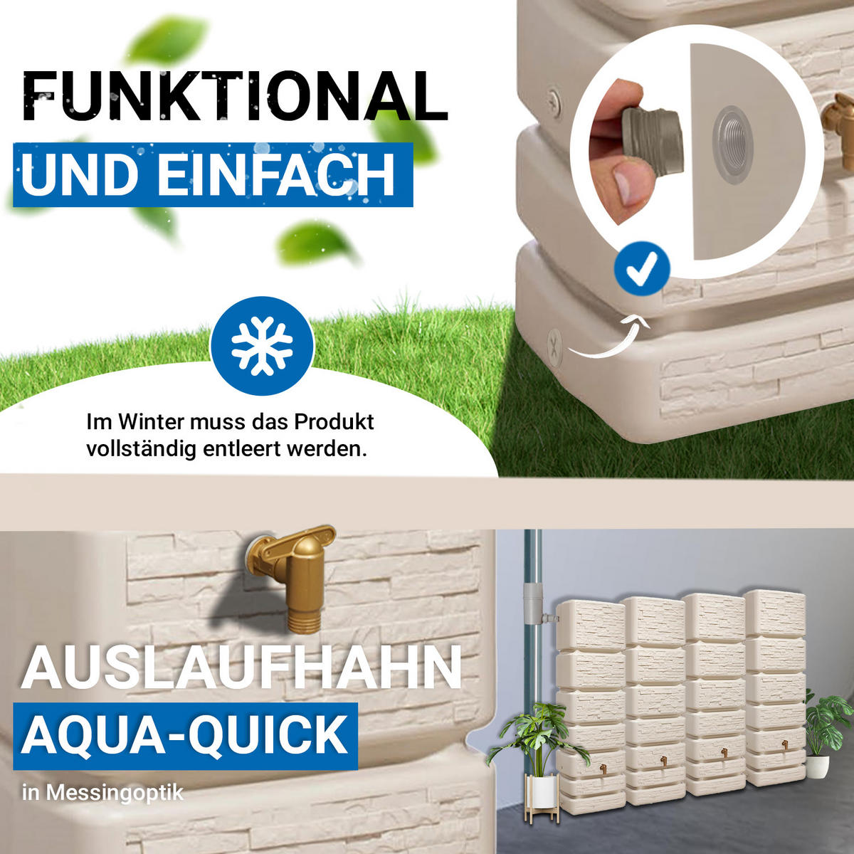 WANDTANK Komplett-Set 1400 L sandbeige 4 x 350 L inkl. Verbindungsset, Kunststoff-Auslaufhahn und Fallrohranschluss - Beige, Kunststoff (270/184/39cm) - 4rain