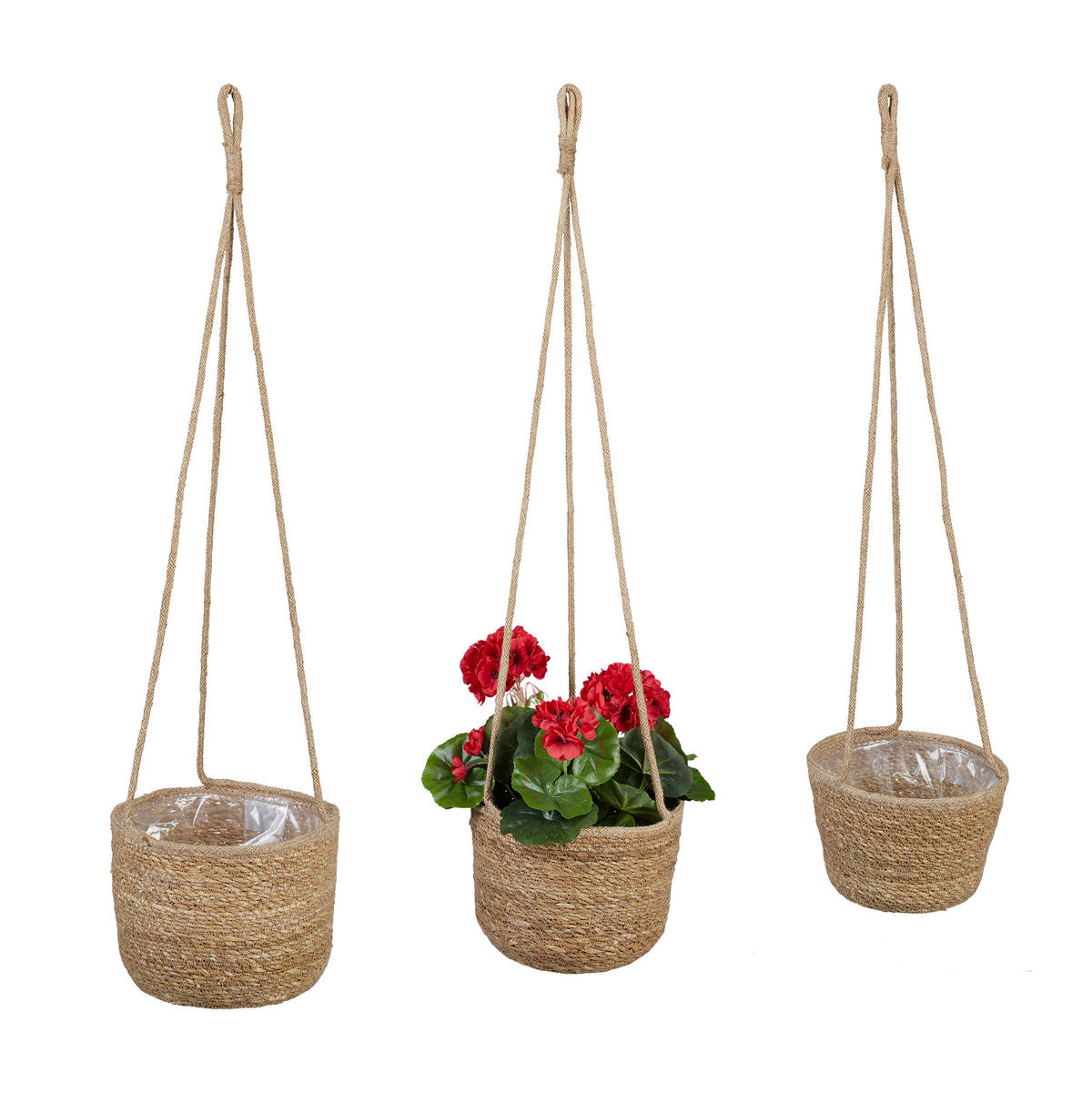 3XSEEGRAS-BLUMENAMPEL - Hellbraun, Kunststoff/Textil (85cm) - Relaxdays