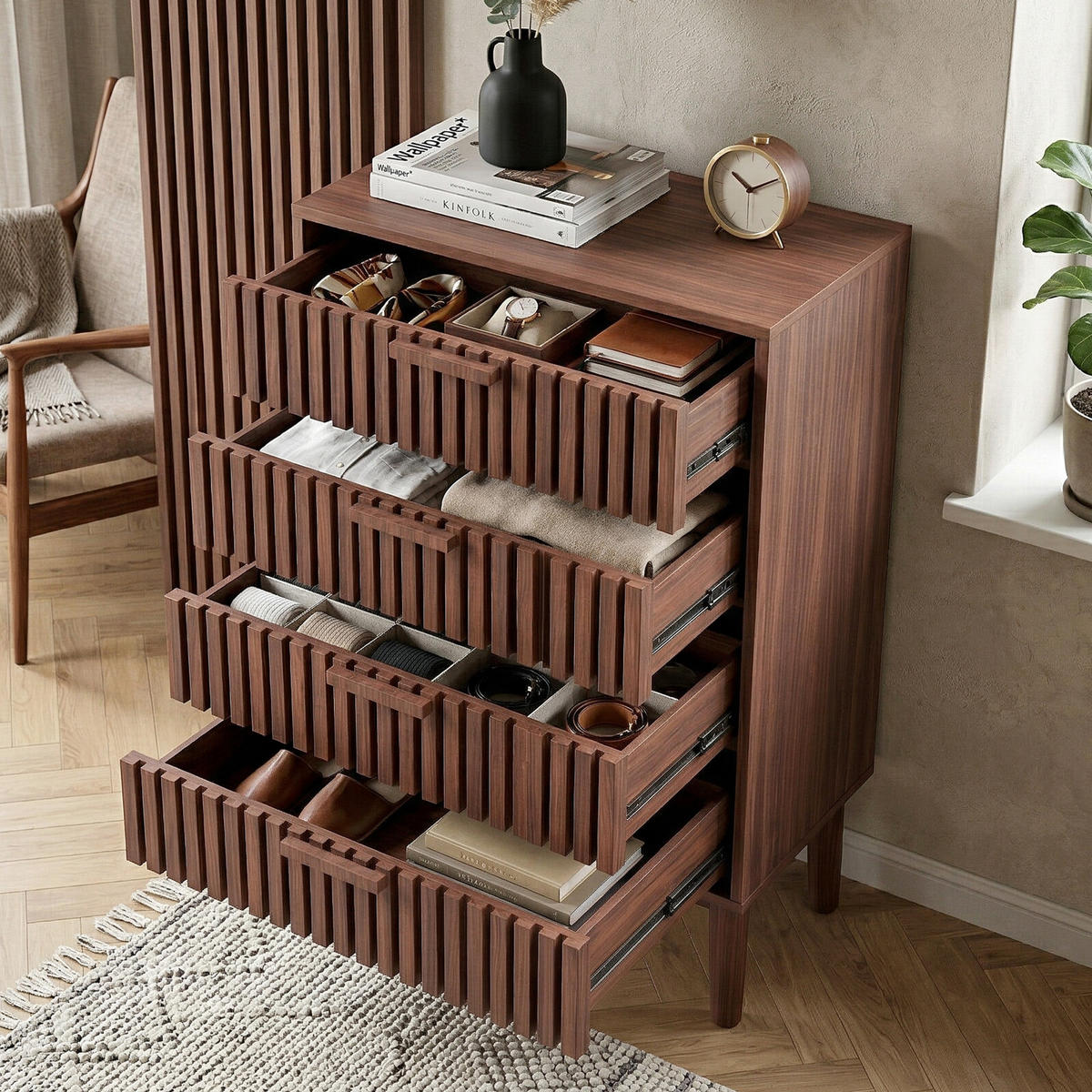 KOMMODE Lamellen-Design mit 4 Schubladen 60/34/91 cm Walnuss - Walnussfarben, Holzwerkstoff (60/91/34cm) - Creahappy
