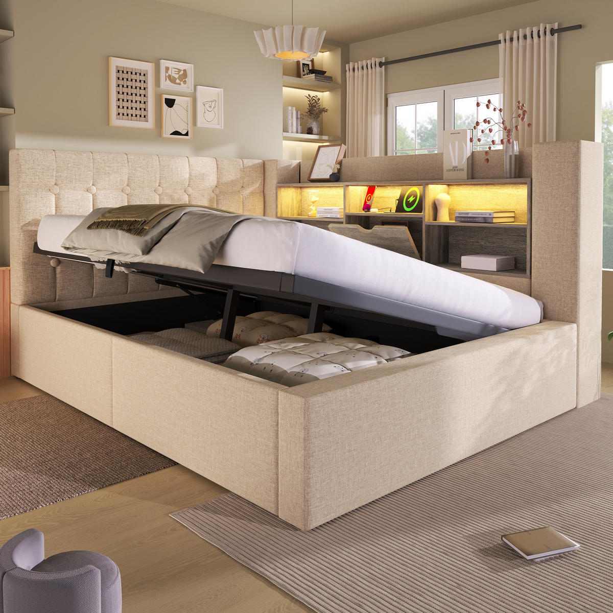 POLSTERBETT 140/190 cm Beige mit Stauraum, LED-Beleuchtung und USB-Anschlüssen - Beige, Textil (140/190cm) - Flora Grace