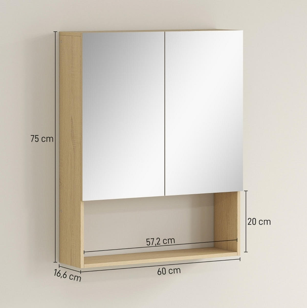 BADEZIMMER Hängeschrank 60x16.6x75 cm Eiche mit Doppelspiegel & verstellbarem Regal - Eichefarben, Glas (60/75/16.6cm) - Modfu