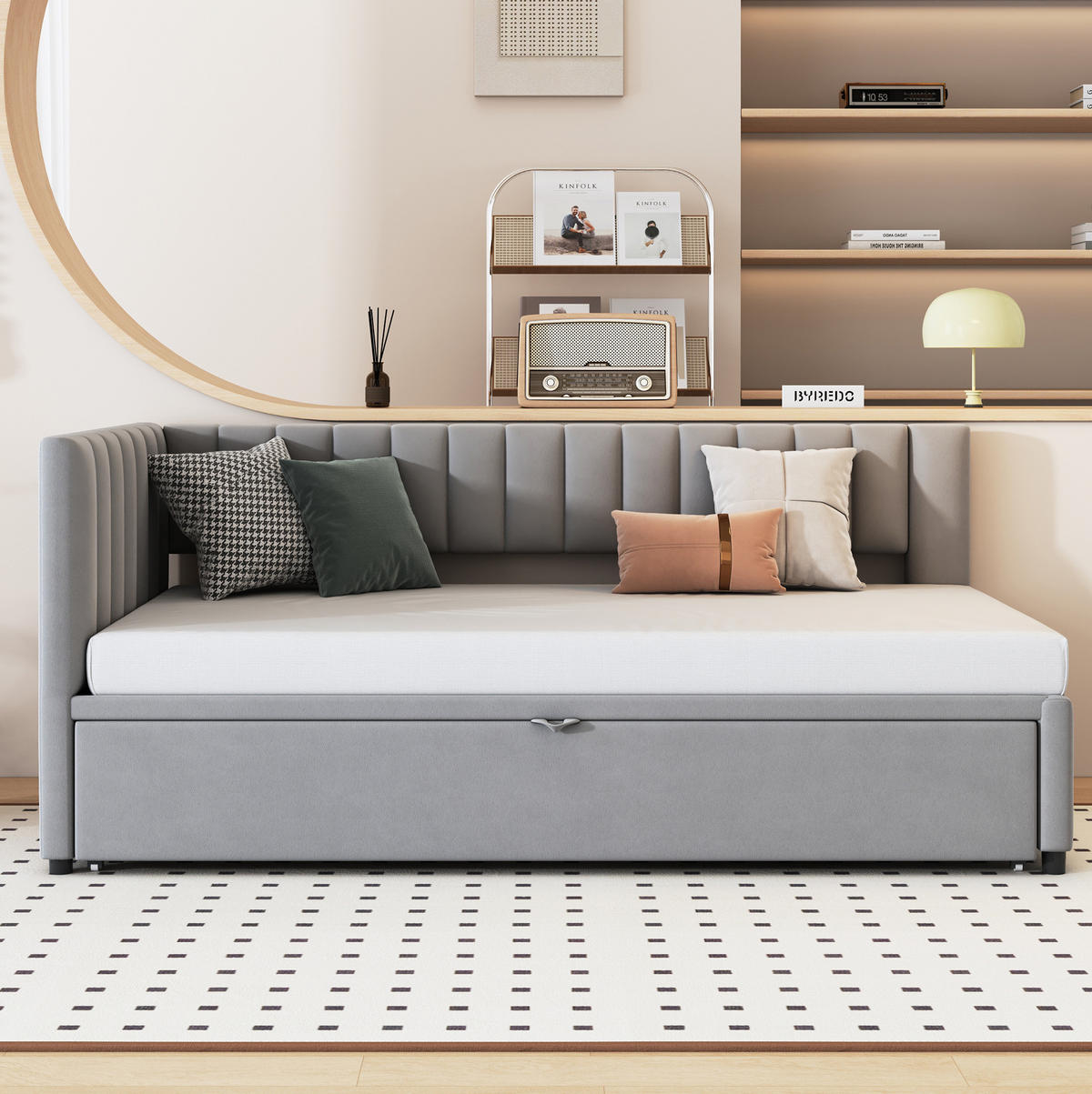 SAMT-POLSTERBETT 90/200 cm mit Ausziehbett und gepolstertem Kopfteil, Grau - Grau, Textil (90/180cm) - BEAOK