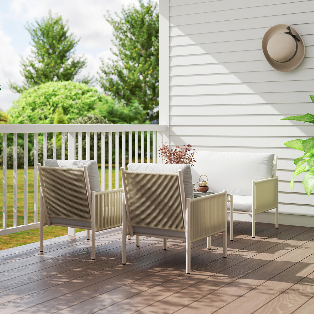 GARTENMÖBEL LOUNGE-SET DE-06736 4-teilig, mit Glastisch Braun/Grau - Hellgrau, Kunststoff/Metall - ComfortXL