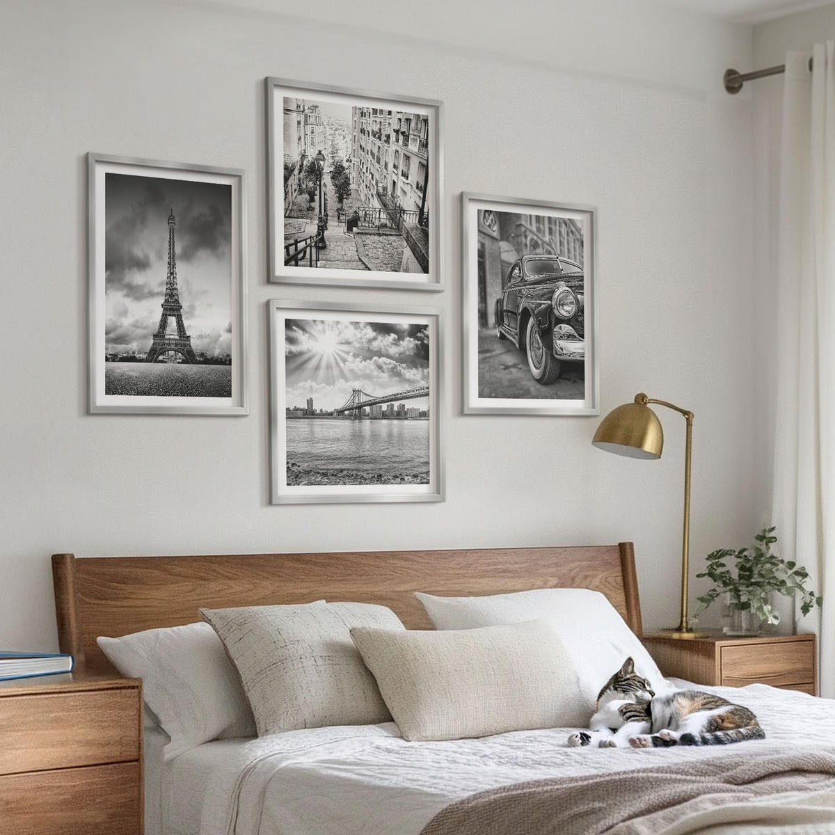 WANDBILDER 4er Set - 50x50 cm & 40x60 cm Silberner Rahmen - Stadtansichten, Brücken, Eiffelturm, Auto - Silberfarben, Kunststoff (50/50cm) - ArtPrintCave