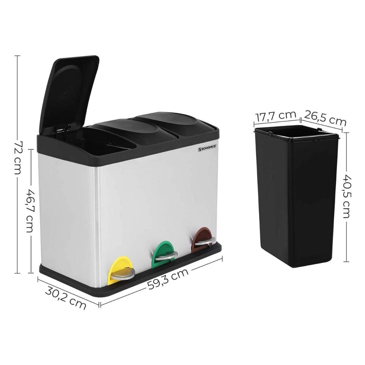 ABFALLEIMER mit 3 Behältern 45L mit Pedal silbergrau - Silberfarben, Metall (33/48/64cm) - Calicosy