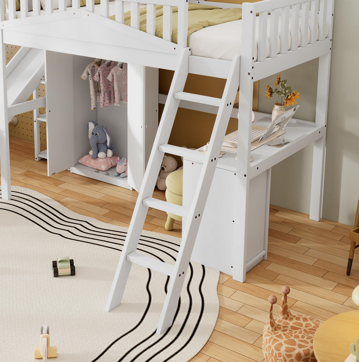 ETAGENBETT 90/200 cm Weiß mit Fallschutzgitter und Tisch aus Kiefer+MDF - Weiß, Holzwerkstoff (90/200cm) - OKWISH
