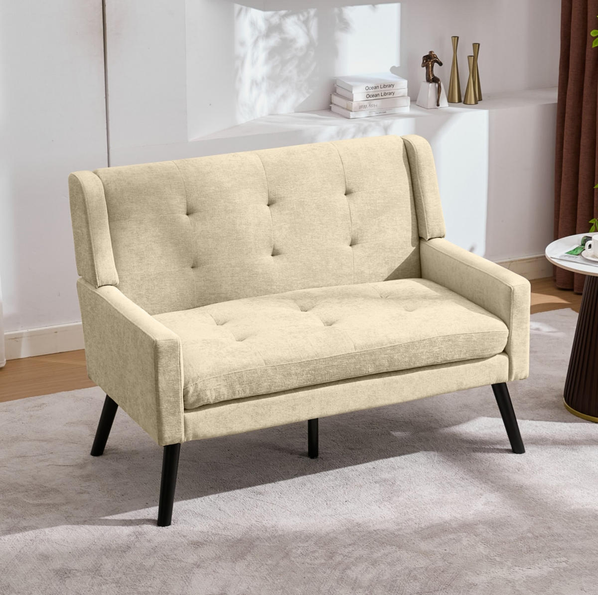 SITZBANK 2-Sitzer Leinenbezug mit Knopfheftung, Massivholzbeinen 119/75/88 cm Beige - Beige, Textil (75/88/119cm) - Redom